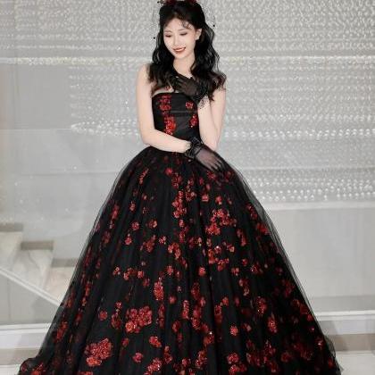 A-line Strapless Black Tulle And Red Sequins Long..