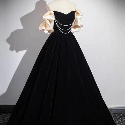Simple A-line Black Velvet Long Prom Dresses