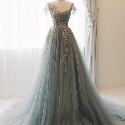 A-line Tulle Lace Gray Blue Long Prom Dresses