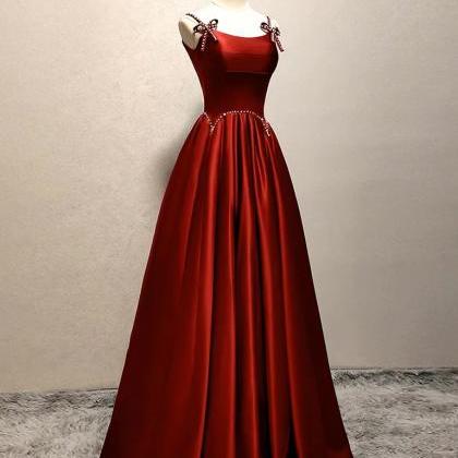 Simple A-line Satin Burgundy Long Prom Dresses
