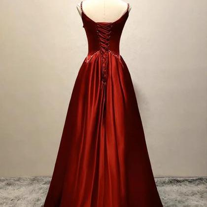 Simple A-line Satin Burgundy Long Prom Dresses