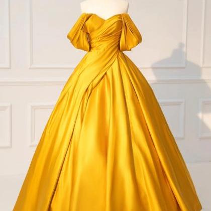 Off Shoulder Yellow Satin Long Prom Evening..