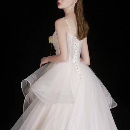 Simple A Line Tulle Beads Long Prom Dresses