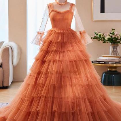 Orange Tulle Evening Dress With Sheer Sleeves