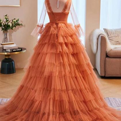 Orange Tulle Evening Dress With Sheer Sleeves