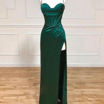 Simple Straps Green Long Prom Dress With Split