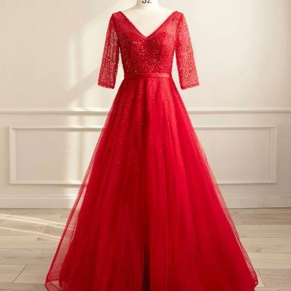 A-line V Neck Red Tulle Sequin Long Prom Dresses