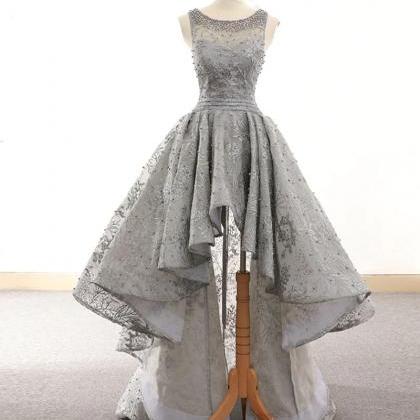 High Low Gray Tulle Lace Prom Dresses