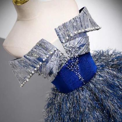 Shiny A-line Sequin Blue Long Prom Gowns
