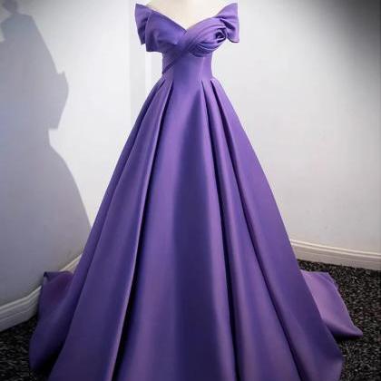 Simple Off Shoulder A Line Satin Purple Long Prom..