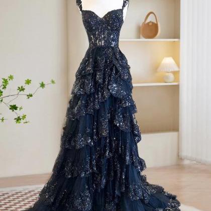 Celestial Blue Cascading Lace Prom Gown