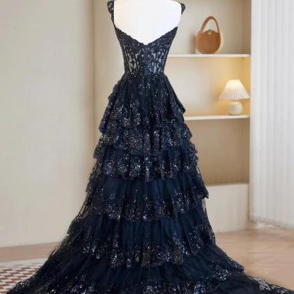 Celestial Blue Cascading Lace Prom Gown