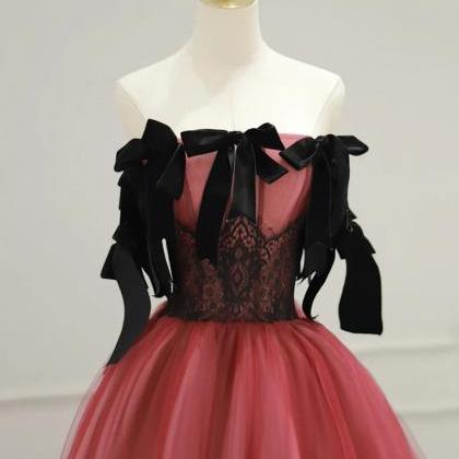 Enchanting Rose Tulle Evening Gown With Ribbon..