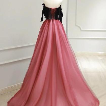 Enchanting Rose Tulle Evening Gown With Ribbon..