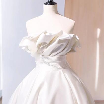 A-line Satin Ivory Lace Up Back Long Prom Dresses