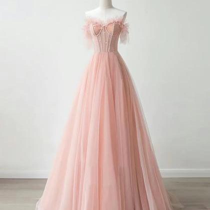 A-line Sweetheart Tulle Lace Pink Long Formal Prom..