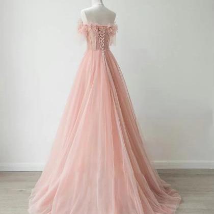 A-line Sweetheart Tulle Lace Pink Long Formal Prom..