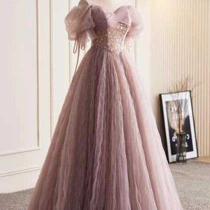 Mauve Tulle Gown With Beaded Bodice
