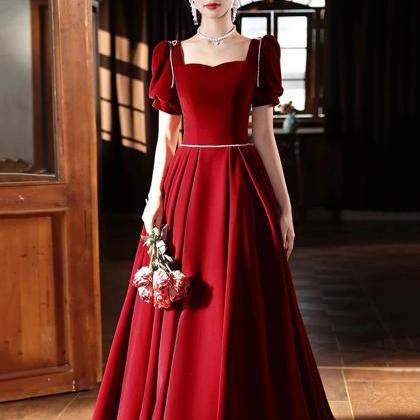 A-line Burgundy Velvet Long Prom Dress Short..