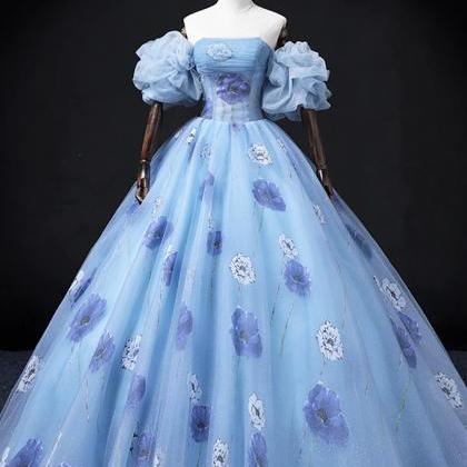 Beautiful Floral Tulle Long Blue Short Sleeve..