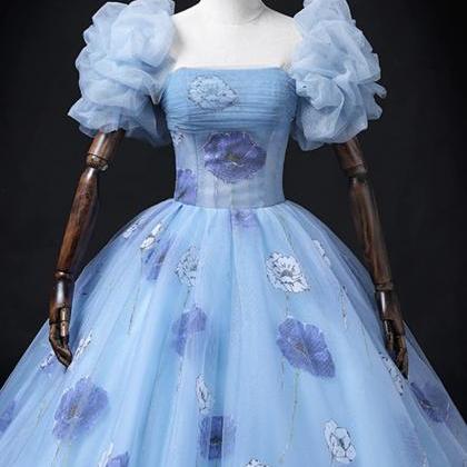 Beautiful Floral Tulle Long Blue Short Sleeve..