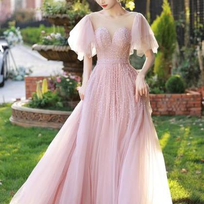 Beautiful Round Neck Tulle Beaded Long Prom..