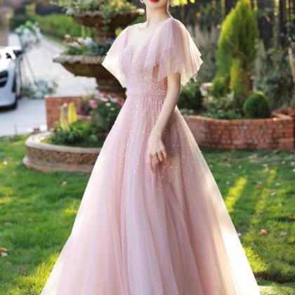 Beautiful Round Neck Tulle Beaded Long Prom..