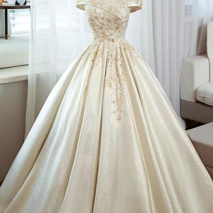 Elegant Champagne Satin Long Prom Dress With..