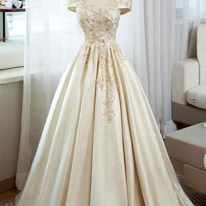 Elegant Champagne Satin Long Prom Dress With..