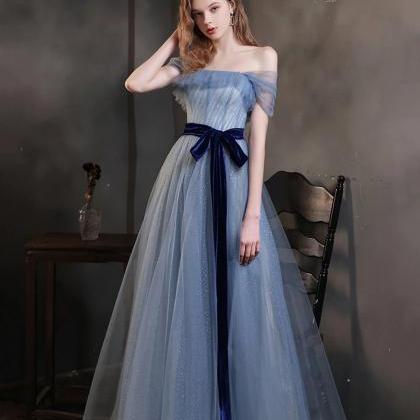Off The Shoulder Blue Tulle Long A-line Prom..