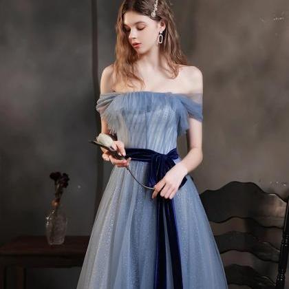 Off The Shoulder Blue Tulle Long A-line Prom..