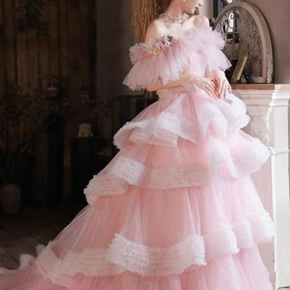 Off The Shoulder Pink Tulle Long Party Dresses