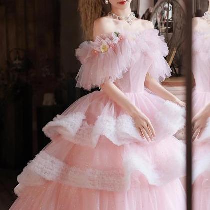 Off The Shoulder Pink Tulle Long Party Dresses