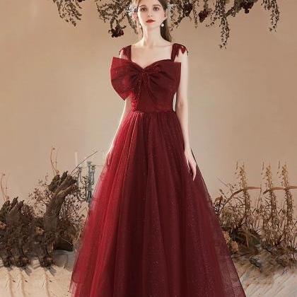 Lovely A-line Burgundy Tulle Long Prom Dress With..