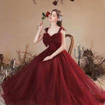 Lovely A-line Burgundy Tulle Long Prom Dress With..