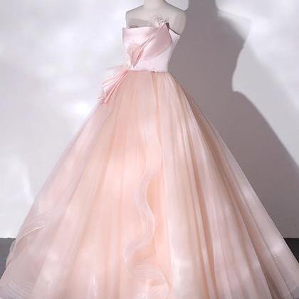 A-line Pink Strapless Tulle Long Formal Prom Dress..