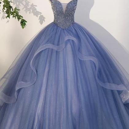 A-line Blue Beaded Tulle Long Prom Dresses