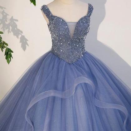 A-line Blue Beaded Tulle Long Prom Dresses