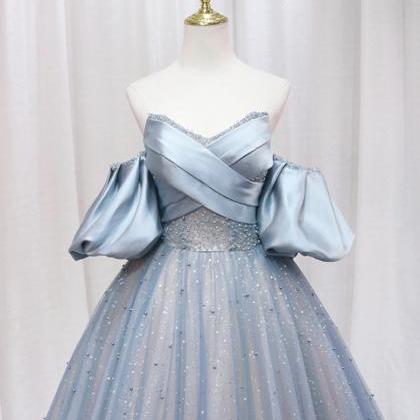 Off The Shoulder Blue Puff Sleeve Long A-line Prom..
