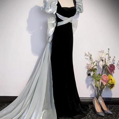 Velvet Noir Mermaid Gown With Sheer Puff Sleeves