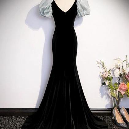Velvet Noir Mermaid Gown With Sheer Puff Sleeves