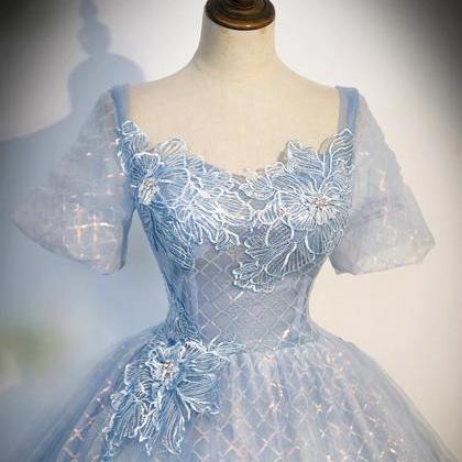 Shiny A-line Blue Tulle Lace Long Prom Dress Short..