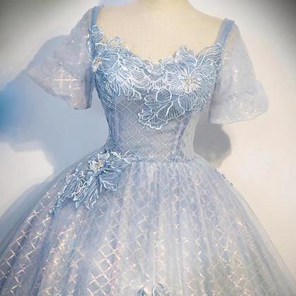 Shiny A-line Blue Tulle Lace Long Prom Dress Short..