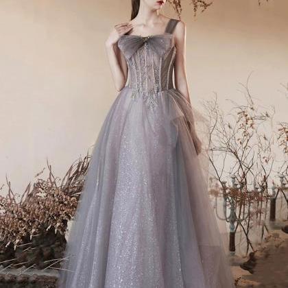 Beautiful Off The Shoulder Gray Tulle Beaded Long..