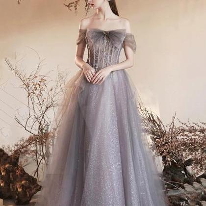 Beautiful Off The Shoulder Gray Tulle Beaded Long..