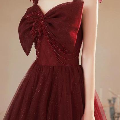 Simple A Line Burgundy Tulle Long Prom Dress With..