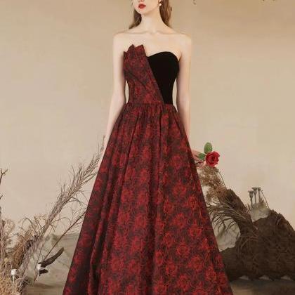 Elegant A Line Rose Pattern Satin Long Prom Dress..
