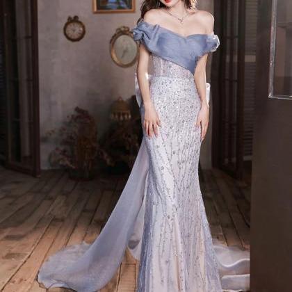 Mermaid Off Shoulder Tulle Sequin Long Prom..
