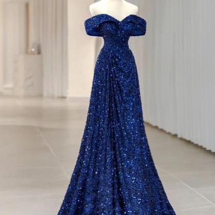 Simple Off Shoulder Blue Sequin Long Evening Dress