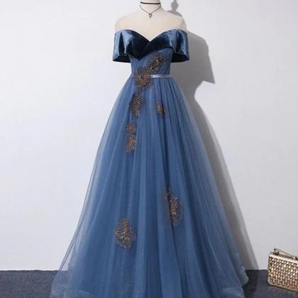 A-line Gray Blue Tulle Long Prom Dresses
